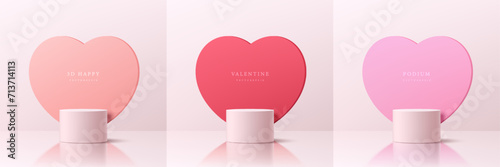 Set of valentine 3d white cylinder podium background with heart backdrop in pastel red, light pink color. Abstract vector rendering geometric form. Mockup stand product display. Pastel minimal scene.