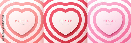 Set of heart shape frame design with alternate red, pink and white colors. Elements for valentine day festival. Collection geometric backdrop for cosmetic product display. Top view. Vector EPS10.