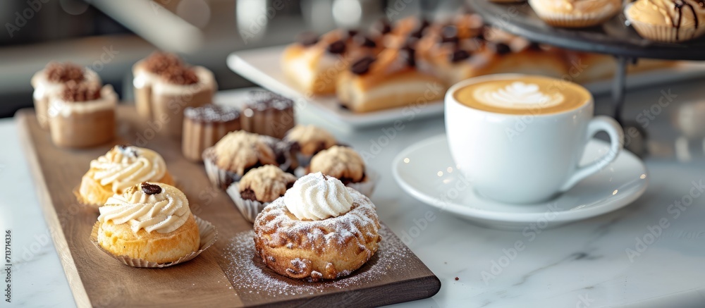 Assorted Pastries and Coffee on Wooden Board Assorted Pastries and Coffee on Wooden Board