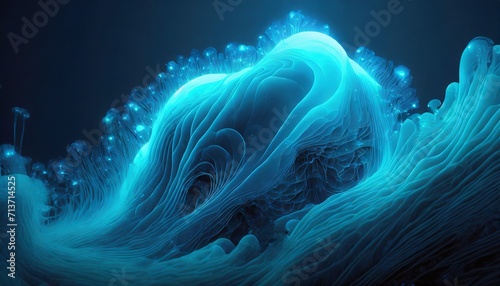 柔らかな動きと流れを持つ水色の有機的な形状。深海のイメージ。流線形。AI画像。