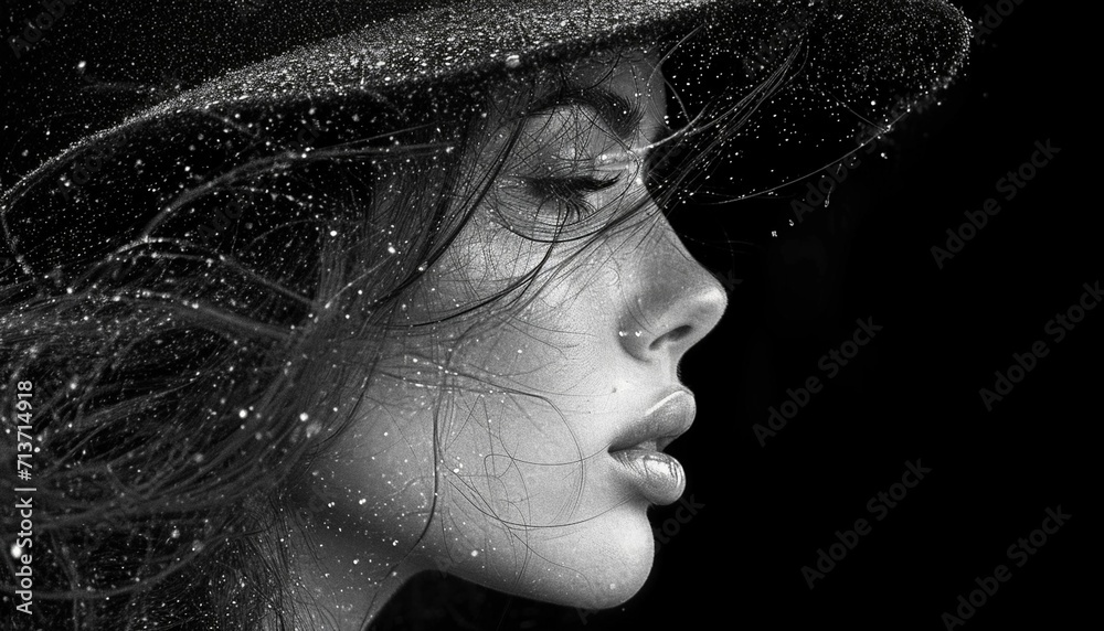A monochrome young woman's profile portrait combined with abstract grainy digital art against black background,generative ai - obrazy, fototapety, plakaty 