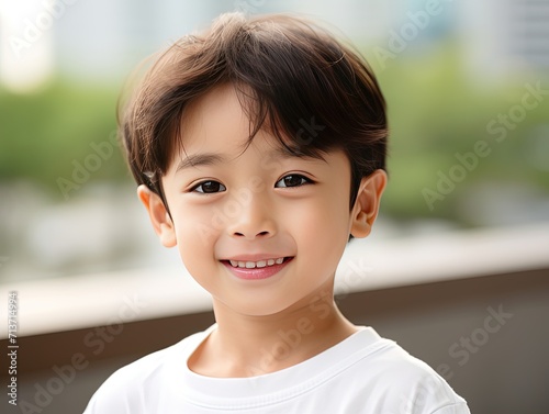  A Close up shoot of Smiling Asian Child with white teeth on white background for teeth and toothpaste ads