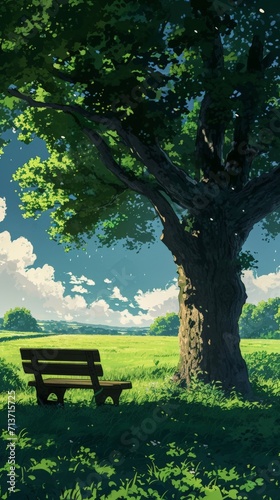 Bench under a Huge Tree giving Shade to study looking over the Vast Green Medow - Tree Dappled Lighting Cel Shaded Animation Background created with Generative AI Technology