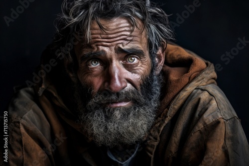 Homeless Old Man, Close-up Portrait. Wrinkled Senior Beggar with Beard, Dressed in Dirty Cloth. Expression of Despair on Face. Poor European People