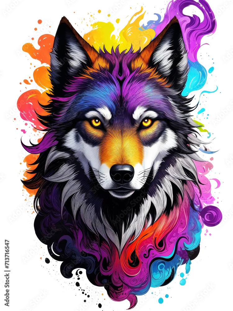 Colorful wolf watercolor art on transparent background. 
