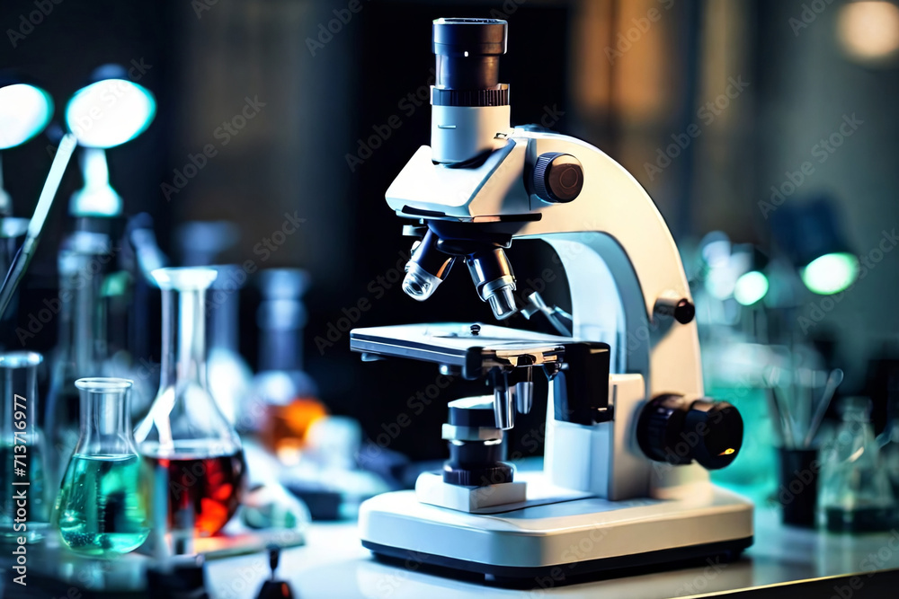 Exploring the microscopic world. A cutting-edge scientific microscope in a laboratory setting. Ideal for illustrating biology research, medicine technology, and educational concepts in chemistry and m Exploring the microscopic world. A cutting-edge scientific microscope in a laboratory setting. Ideal for illustrating biology research, medicine technology, and educational concepts in chemistry and m