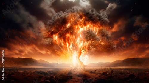 Lone tree blazing with intense flames against dark, smoky background. Fire engulfs branches, transforming tree into fiery spectacle destruction, transformation or passion. Forest fires.Strong emotions