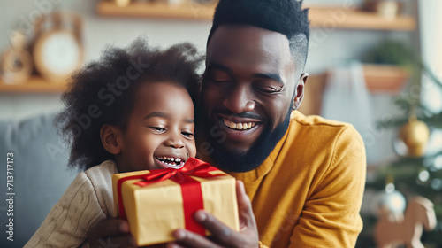 Happy Fathers Day, African American Kid Son Giving Gift Box To Dad For Holiday At Home, Generative ai