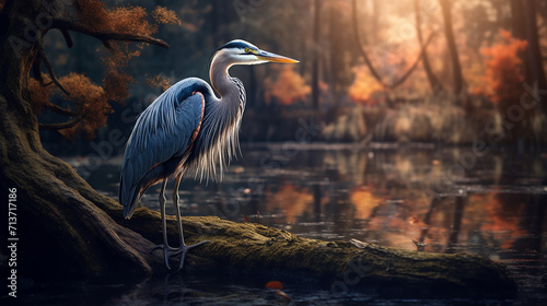 A heron is sitting by a river ai generative photo photo