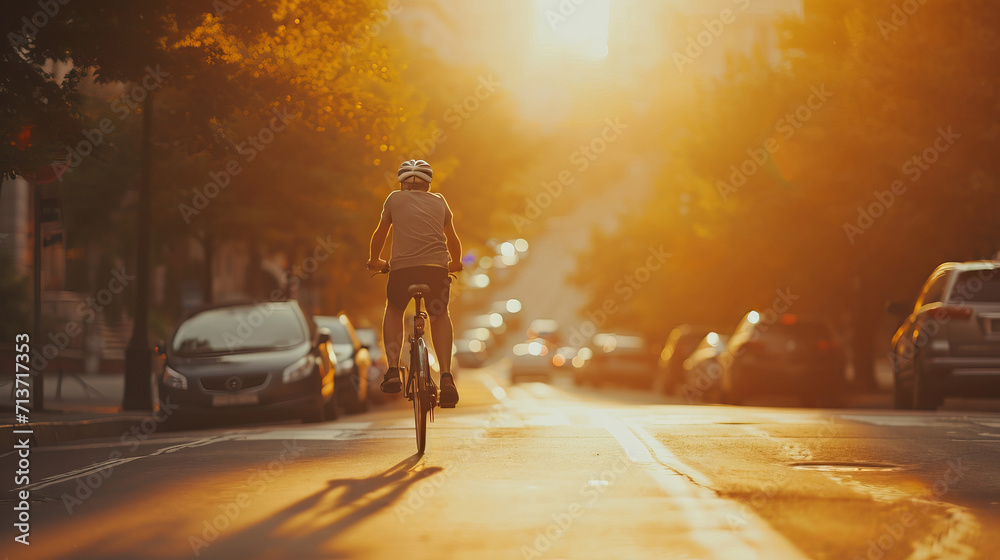 The warmth of the city at sunrise, captured with a cyclist heading towards the light is AI Generative.