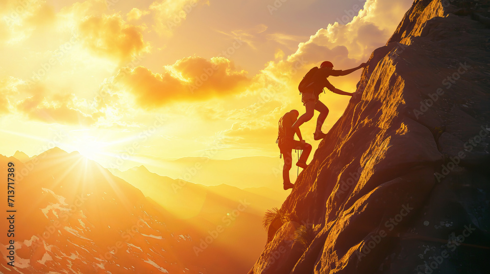 Climbers ascending a mountain at sunset, showcasing the spirit of adventure and the beauty of nature is AI Generative. Climbers ascending a mountain at sunset, showcasing the spirit of adventure and the beauty of nature is AI Generative.