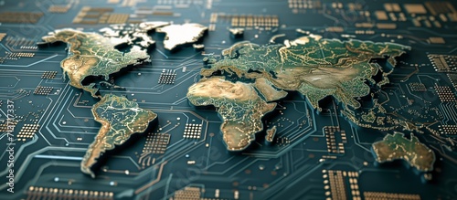 World Map on Circuit Board Highlighting Global Technology