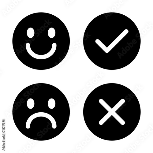 Satisfy, disappoint, checkmark, and cross mark icon vector. Expression face review. Smile, sad, check and x sign symbol