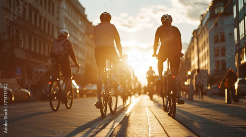 Evening cycling through the city streets showcases the blend of urban architecture and active lifestyles is AI Generative.