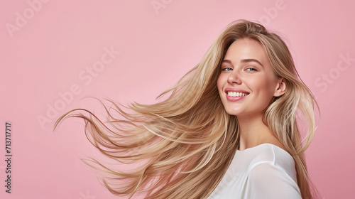 Happy blonde woman with flowing hair, vibrant pink background. AI Generative.