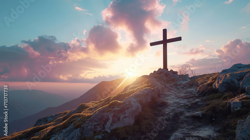 A tranquil mountain sunset with a cross symbolizing hope and faith is AI Generative.