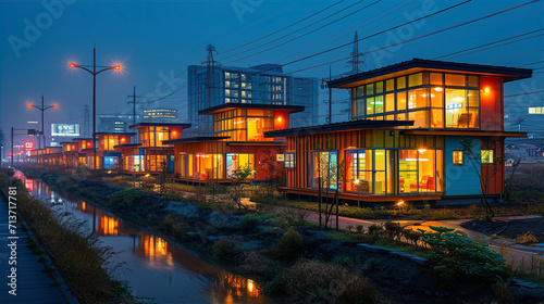日本の夜の仮設住宅・コンテナハウスのイメージ 