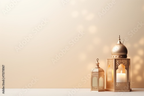 Simple Eid Mubarak and Ramadan Kareem Greetings Background with Copy Space, Islamic Lanterns, and Mosque photo