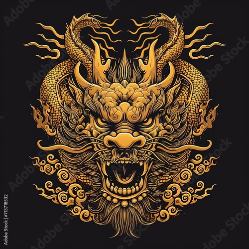 Illustration of Gold Chinese Dragon Head
