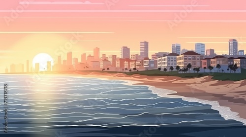 beautiful view of the city from the beach landscape background illustration