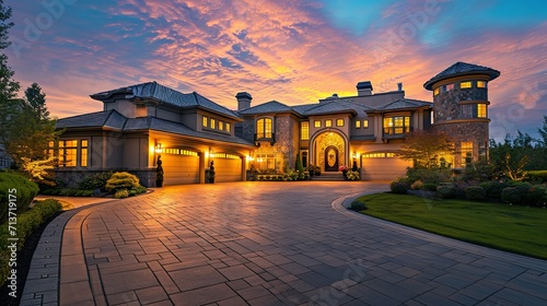 Stunning Luxury Home Exterior at Sunset with Colorful Sky and Expansive Driveway. This Mansion has Three Garages, Turret Style Tower, and Two Floors