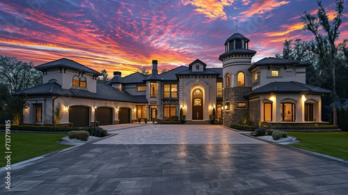 Stunning Luxury Home Exterior at Sunset with Colorful Sky and Expansive Driveway. This Mansion has Three Garages, Turret Style Tower, and Two Floors © Ahmad-Muslimin