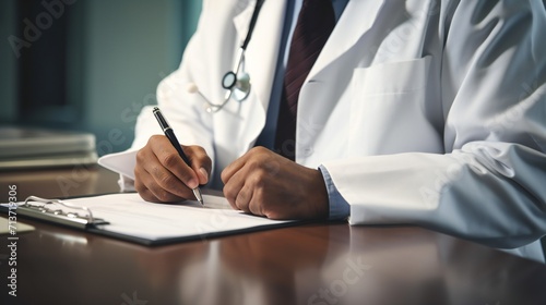 Highlight the professionalism of a male doctor as he fills out a notepad, detailing a patient's treatment plan