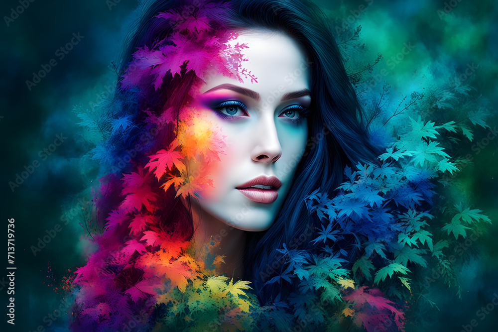 A fantasy portrait of a woman with double exposure blending into an enchanted forest, where digital paint splashes create vibrant foliage and surreal colors