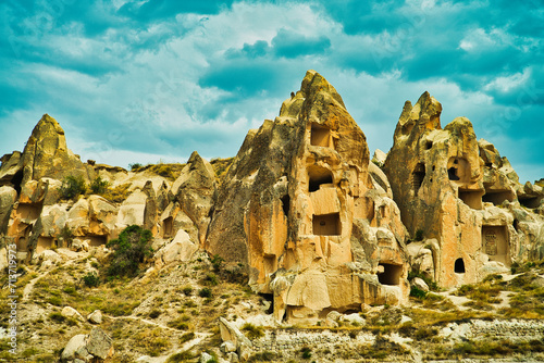 Unique rock and stone formations in the Red valley near near Goreme,a UNESCO world heritage site situated in Nevsehir Province, in the Cappadocia Region, Central Anatolia,Turkey.