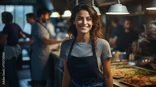 Close up shot of young woman shief cook in the kitchen