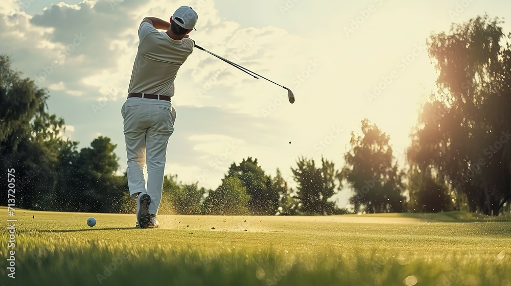 Male golf player on professional golf course. Golfer with golf club taking a shot