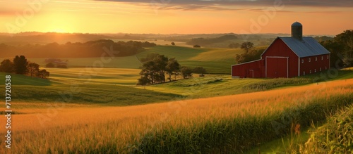 Golden Sunrise Over Idyllic Farm with Red Barn
