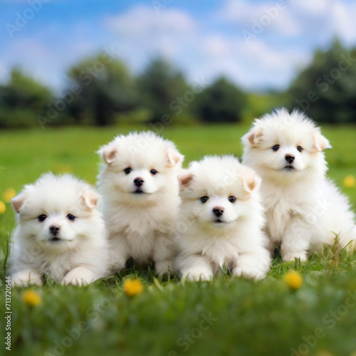 Adorable white puppies on lush green lawns, their playful innocence and fluffy charm create a heartwarming scene where dogs delight in the embrace of nature.