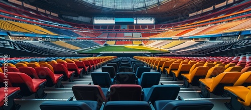 Vibrant Stadium Seating and Empty Soccer Pitch