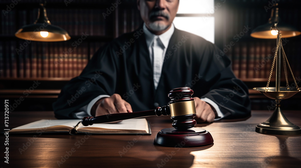 judge with gavel at wooden table indoors closeup - obrazy, fototapety, plakaty 