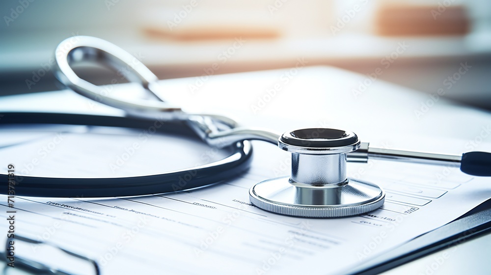 The head of the stethoscope is on the medical report. a thorough physical examination Record patient information The head of the stethoscope is on the medical report. a thorough physical examination Record patient information