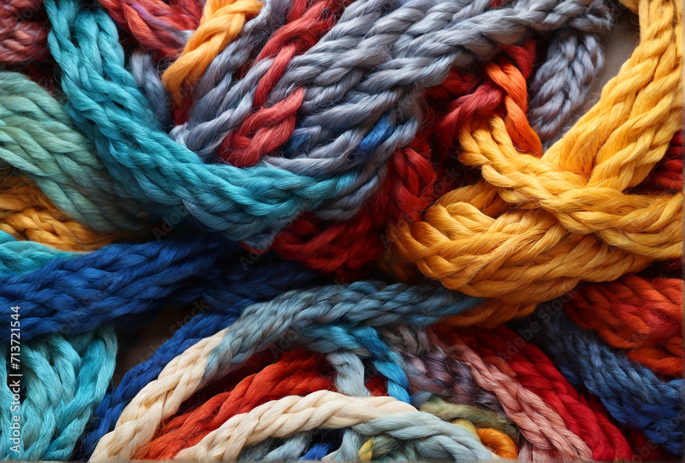 Bundles of vibrant colorful ropes for weaving on a beautiful background