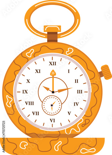 Gold pocket watch with Roman numerals on a white dial. Vintage timepiece with intricate details. Classic accessory for timekeeping vector illustration.