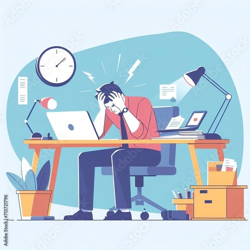 a worker suffering from stress at work. Overwhelmed frustrated man with professional burnout, flat vector illustration