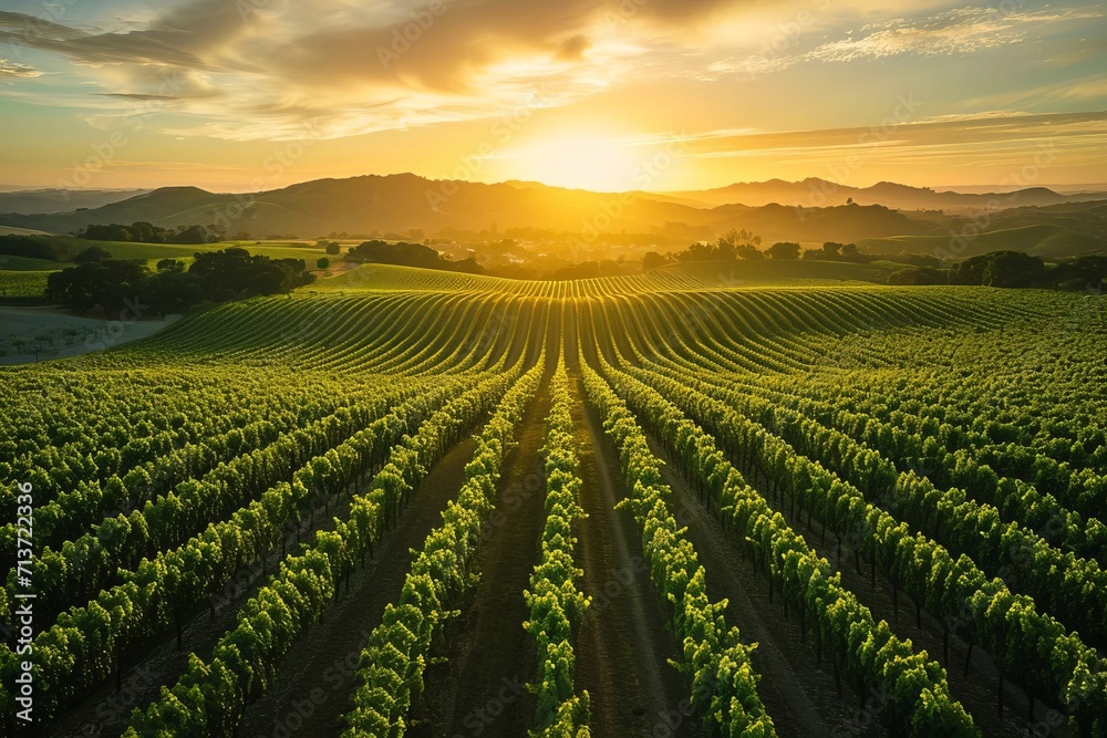 Aerial view of a lush vineyard at sunset with rolling hills