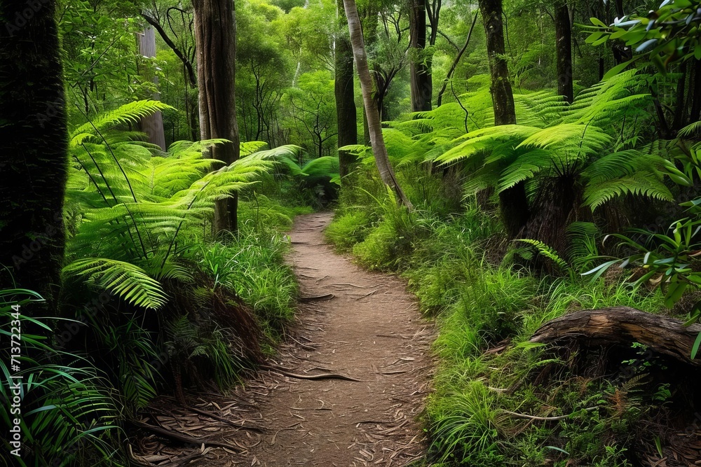 Naklejka premium Adventurous hiking trail through a lush forest