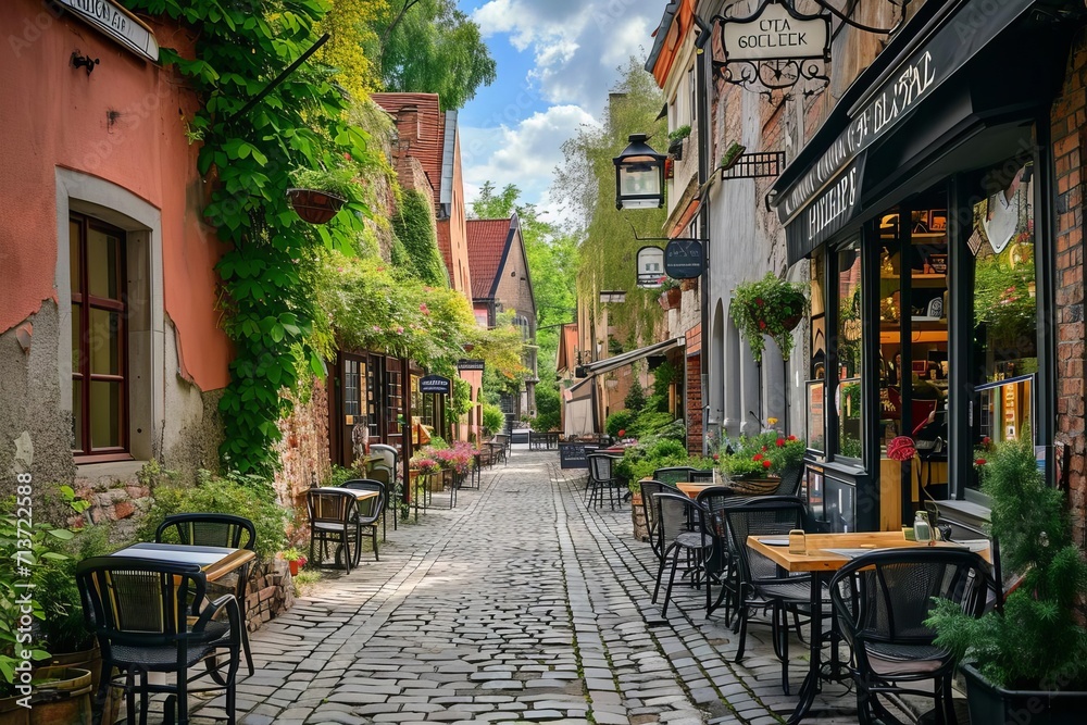 Historical cobblestone street in old town with charming cafes