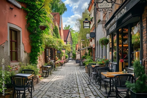 Historical cobblestone street in old town with charming cafes © Bijac
