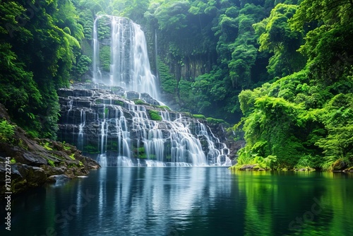 Majestic waterfall in a tropical rainforest with rainbow reflection