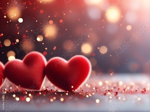 valentine's day background; red color 3d shiny hearts in gold and purple glow particles abstract background with bokeh effect, copy space for text