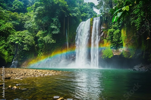 Majestic waterfall in a tropical rainforest with rainbow reflection