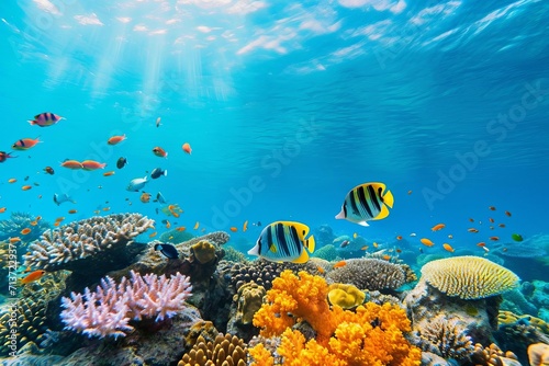Underwater coral reef with colorful marine life and clear waters