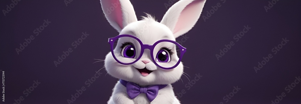A Cute Baby Cartoon Little Rabbit, Baby Rabbit Wearing Glasses, Radiating Joy on a Dark Purple Canvas, Gazing Up with a Heartwarming Smile