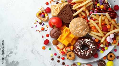 Collection of junk food with copy space. Healthy food concept
