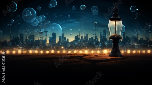 Conceptual image of night city with light bulb and soap bubbles
